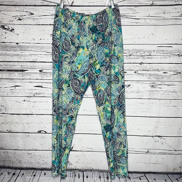 Slinky Brand Pants - Slinky Brand Size XL Blue & Green Paisley Print Straight Leg Pull On Pants